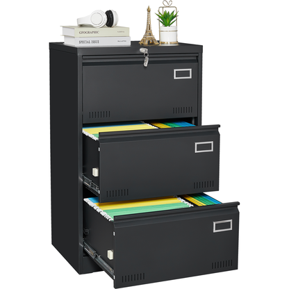 Filing Cabinet Lateral File Cabinet 3 Drawer, Blcak Locking Metal File Cabinets Three Drawer, Office Filing Cabinet with Lock Drawers for Home Office/Legal/Letter/A4/F4