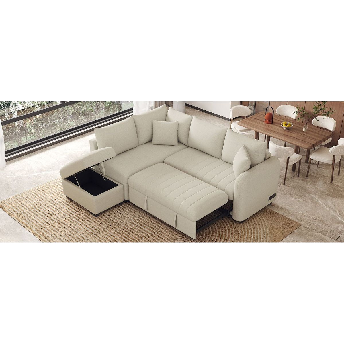 82.6" L-shaped Sectional Pull Out Sofa Bed Sleeper Sofa with Two USB Ports, Two Power Sockets and a Movable Storage Ottoman, Beige