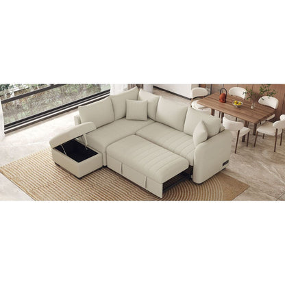 82.6" L-shaped Sectional Pull Out Sofa Bed Sleeper Sofa with Two USB Ports, Two Power Sockets and a Movable Storage Ottoman, Beige