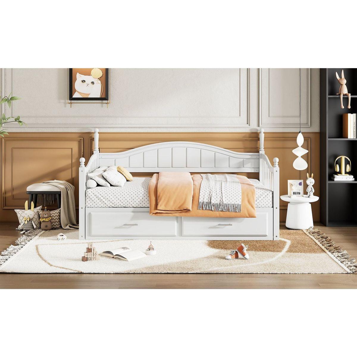 Wooden Twin Size Daybed with Twin Size Trundle, Extendable Daybed with Two Storage Drawers,White