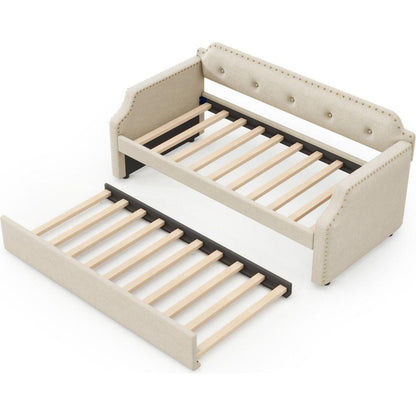 Upholstered Daybed with Trundle, Wood Slat Support,Upholstered Frame Sofa Bed, Twin, Beige