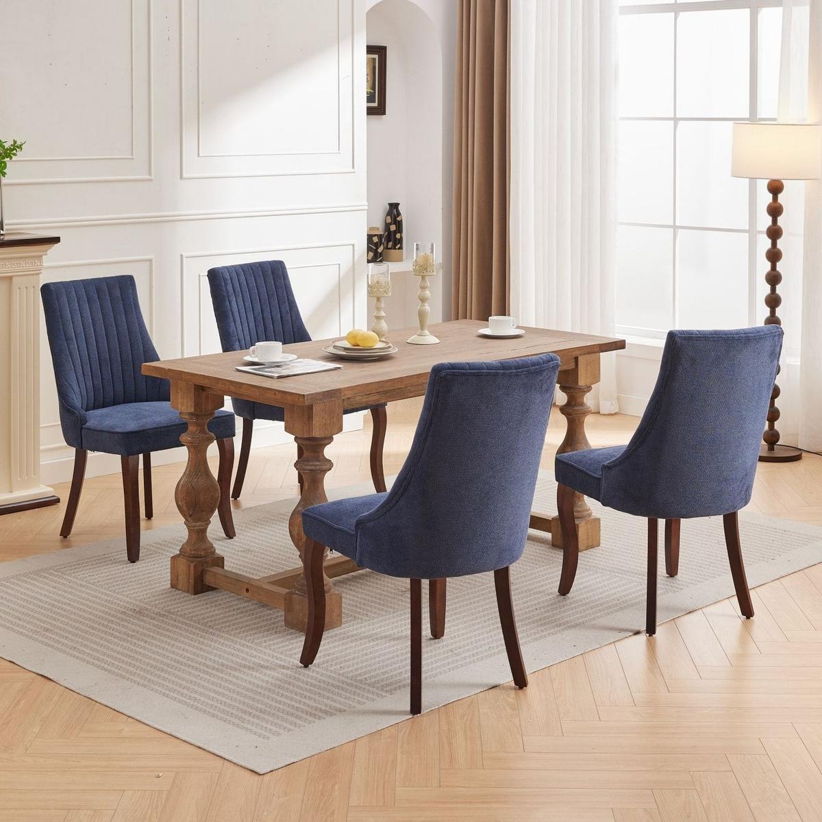 Rayon Cloth Flocking Linen Dining Chairs Channel Kitchen Dinner Chair Comfy Fabric Upholstered Accent Chair for Dining Room with Curved Solid Wood Legs,Set of 2 (Blue) - Streamdale Furniture