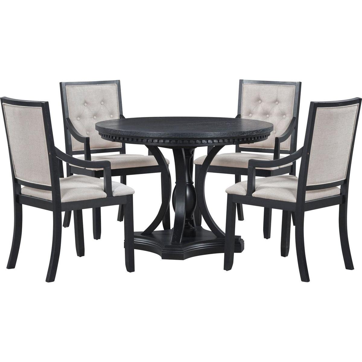 Retro 5-piece Dining Set Extendable Round Table and 4 Chairs for Kitchen Dining Room (BLACK OAK)