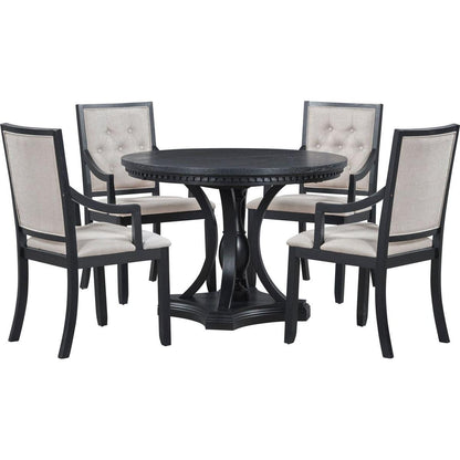 Retro 5-piece Dining Set Extendable Round Table and 4 Chairs for Kitchen Dining Room (BLACK OAK)