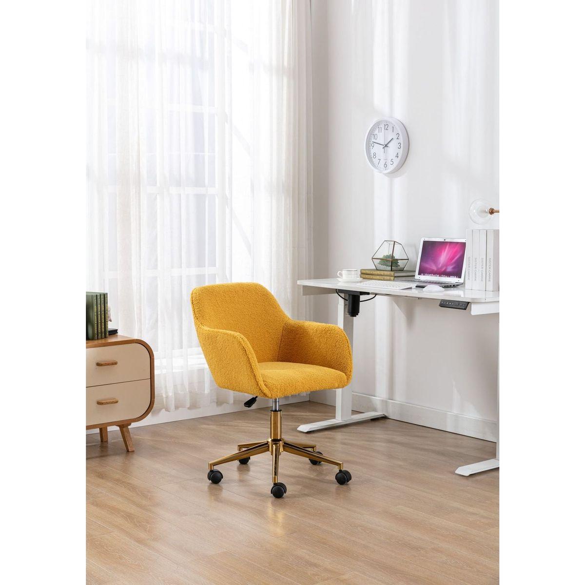 Modern Teddy Fabric Material Adjustable Height 360 Revolving Home Office Chair With Gold Metal Legs And Universal Wheel For Indoor,Yellow