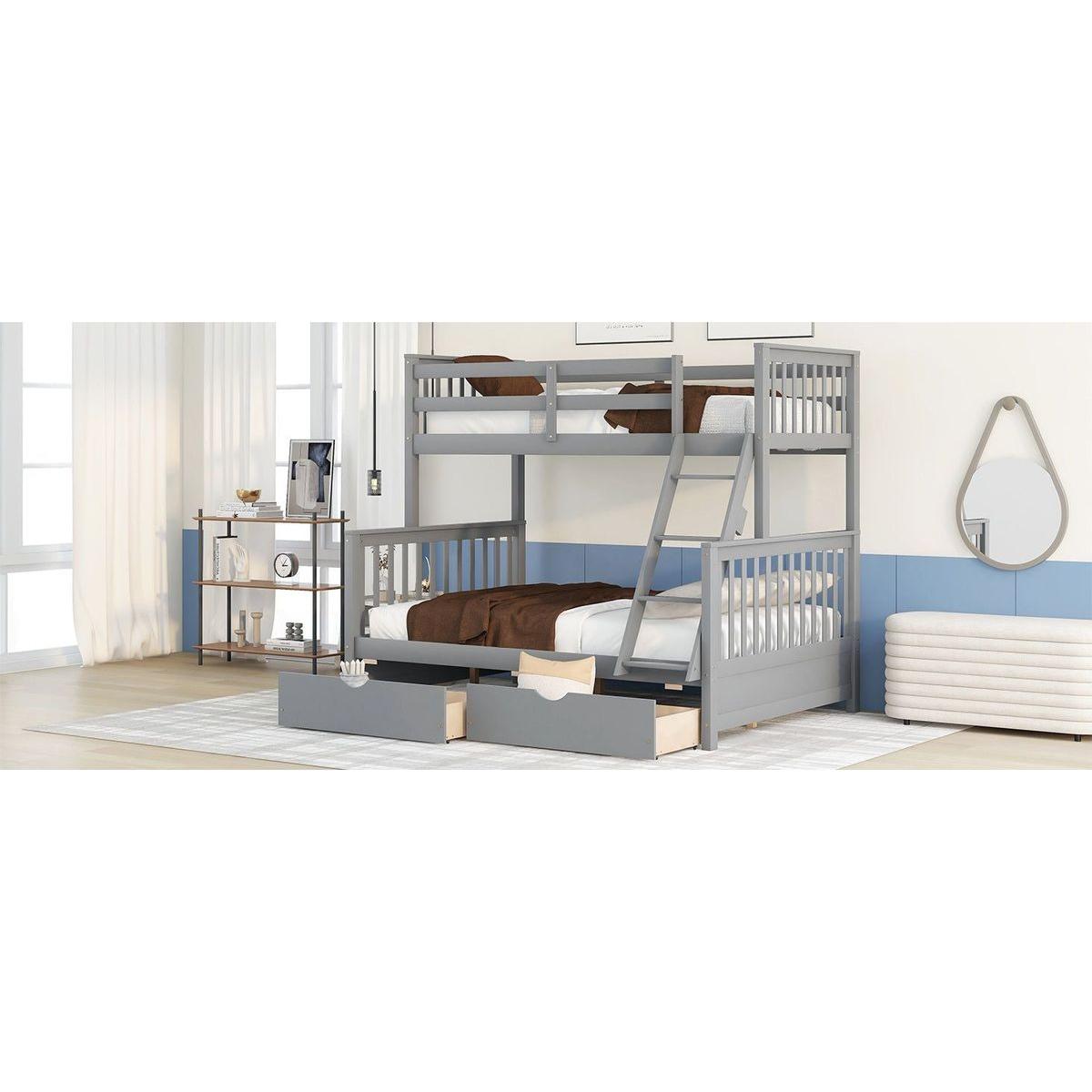 Twin-Over-Full Bunk Bed with Ladders and Two Storage Drawers(Gray){o