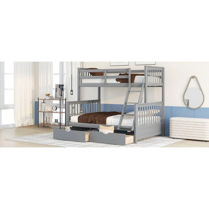 Twin-Over-Full Bunk Bed with Ladders and Two Storage Drawers(Gray){o