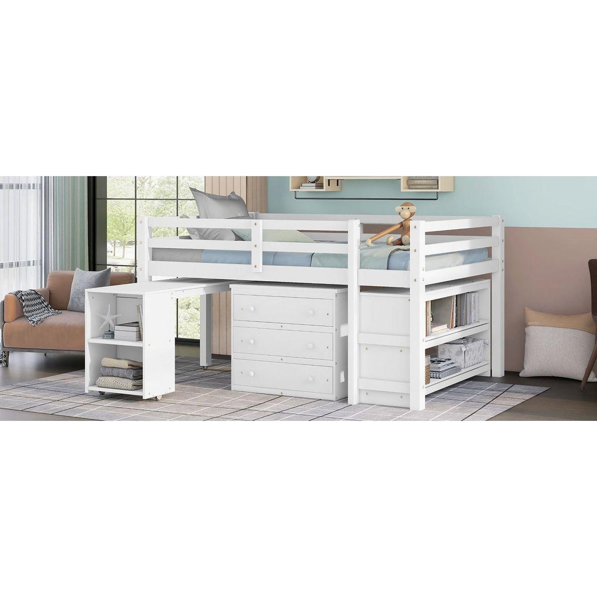 Low Study Full Loft Bed with Cabinet, Shelves and Rolling Portable Desk, Multiple Functions Bed- White