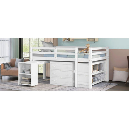 Low Study Full Loft Bed with Cabinet, Shelves and Rolling Portable Desk, Multiple Functions Bed- White