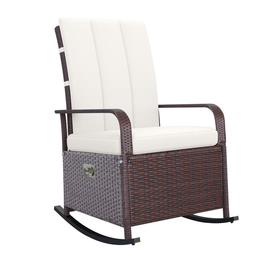 Wicker Outdoor Rocking Chair, Patio Recliner with Adjustment Backrest, PE Rattan Lounge Chair with Adjustable Footrest and Cushions for Garden, Backyard, Porch, Beige