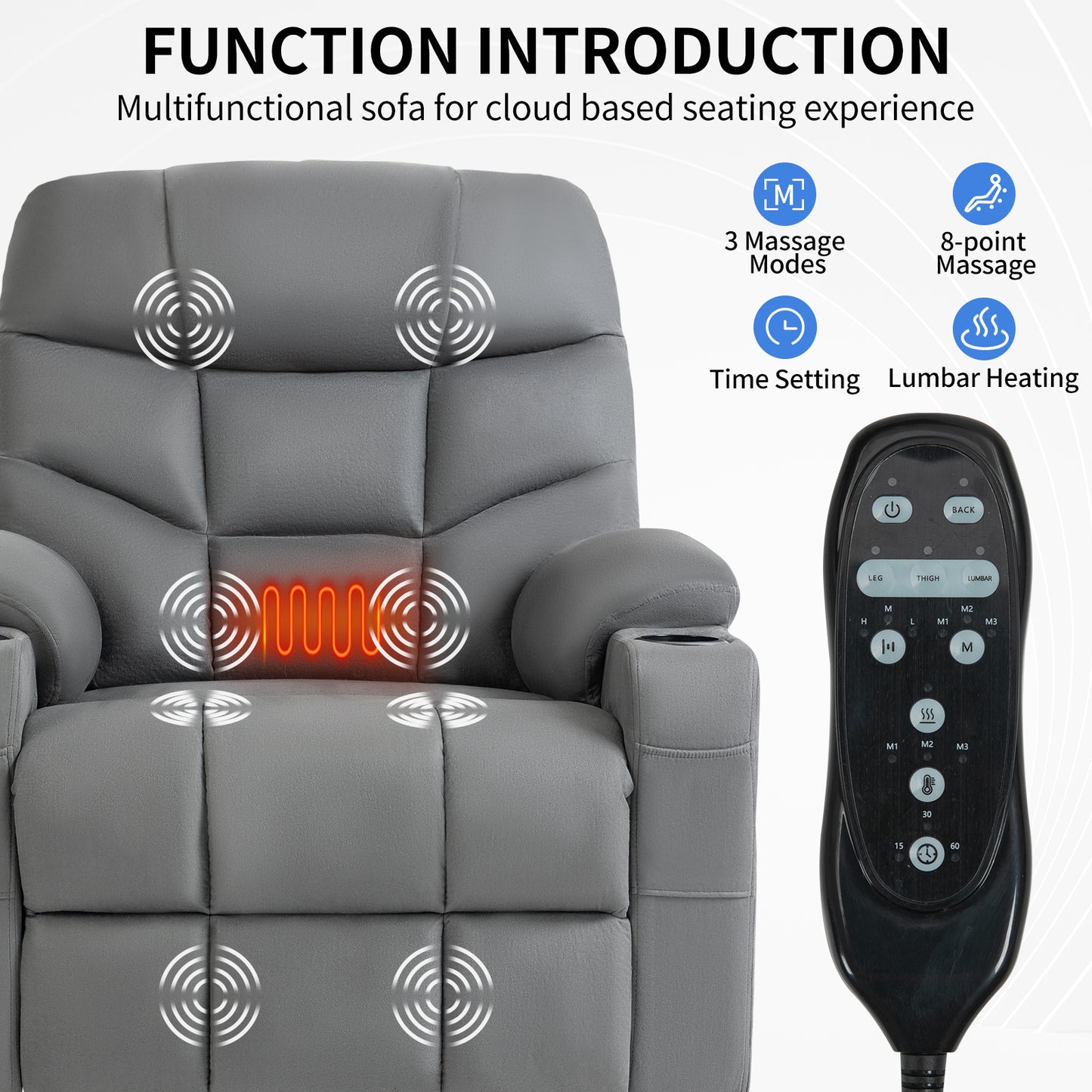 Okin Motor Up to 350 LBS Power Lift Recliner Chair, Heavy Duty Motion Mechanism with 8-Point Vibration Massage and Lumbar Heating, Cup Holders, USB and Type-C Ports, Removable Cushions, Grey