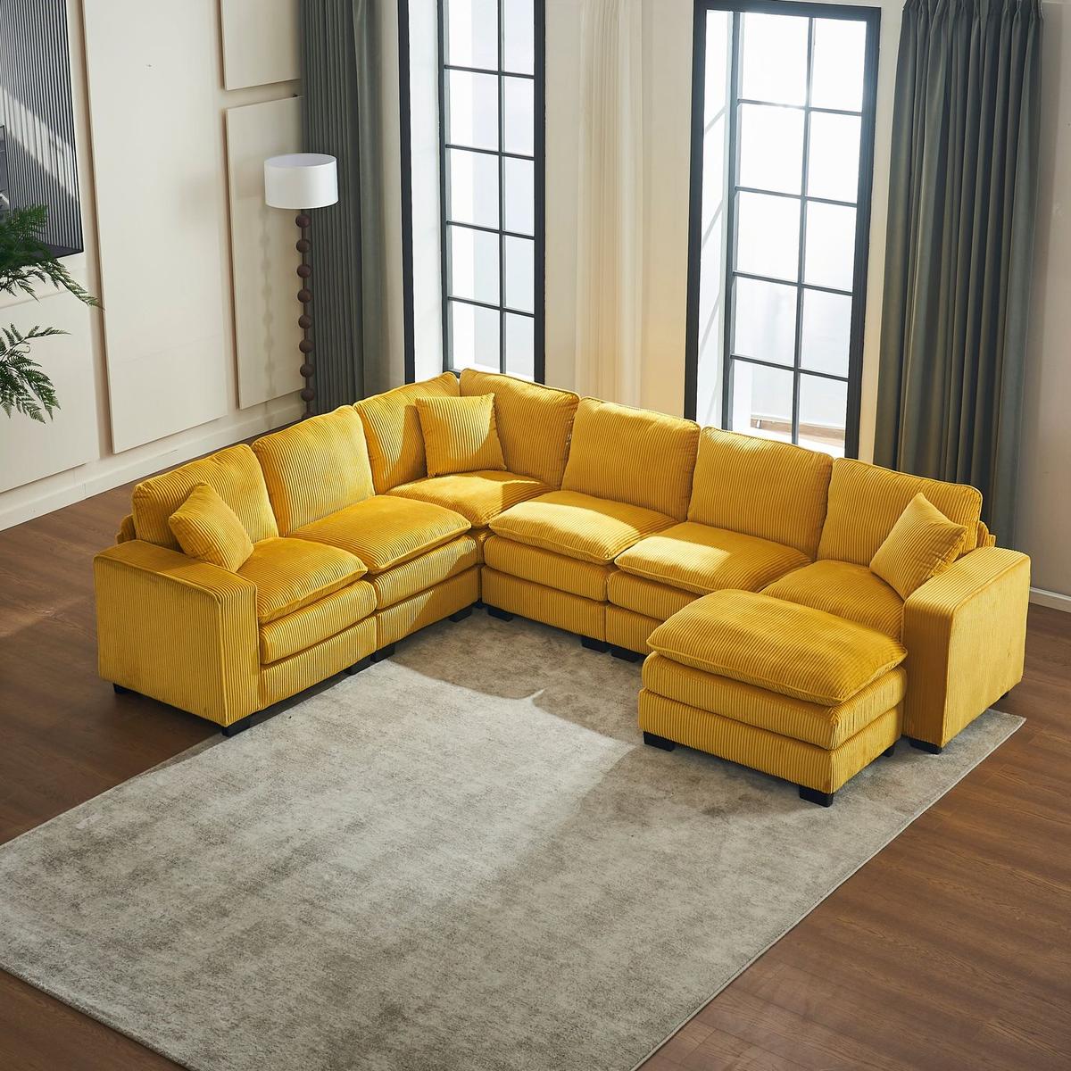 Modern U Shaped 6-seat Sectional Sofa Couch with one Ottoman and three toss pillows, Modular Sofa for Living Room,Corduroy sofa