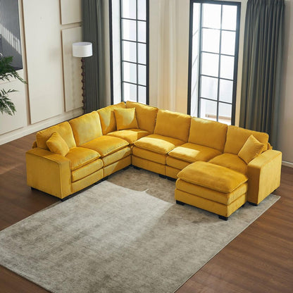 Modern U Shaped 6-seat Sectional Sofa Couch with one Ottoman and three toss pillows, Modular Sofa for Living Room,Corduroy sofa