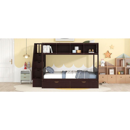 Twin over Full Bunk Bed with Shelfs, Storage Staircase and 2 Drawers, Espresso