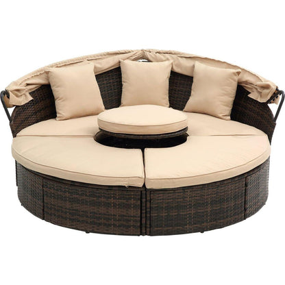 Hot Sale KD Rattan Round Lounge With Canopy Bali Canopy Bed Outdoor, Wicker Outdoor Sofa Bed with lift coffee table