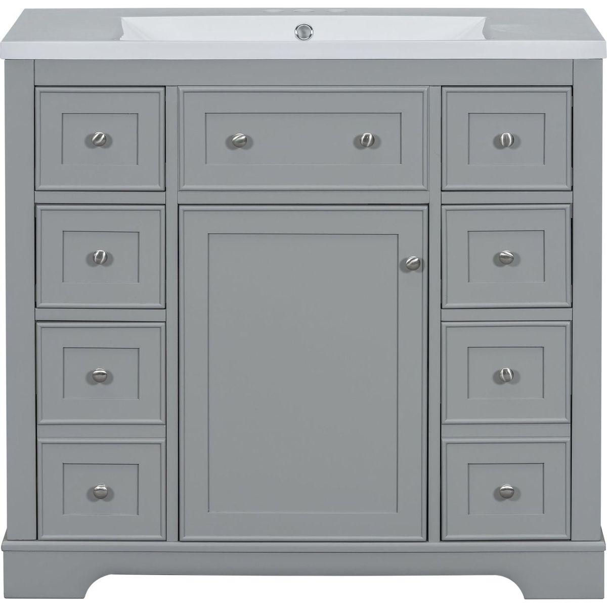 36" Bathroom Vanity with Sink Combo, One Cabinet and Six Drawers, Solid Wood and MDF Board, Grey