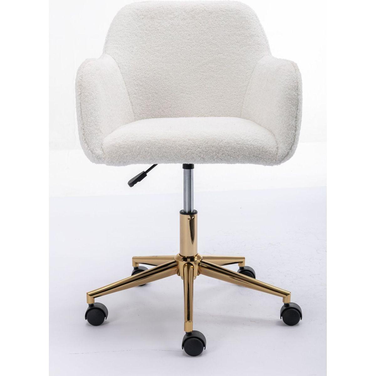 Modern Teddy Fabric Material Adjustable Height 360 Revolving Home Office Chair With Gold Metal Legs And Universal Wheel For Indoor,White