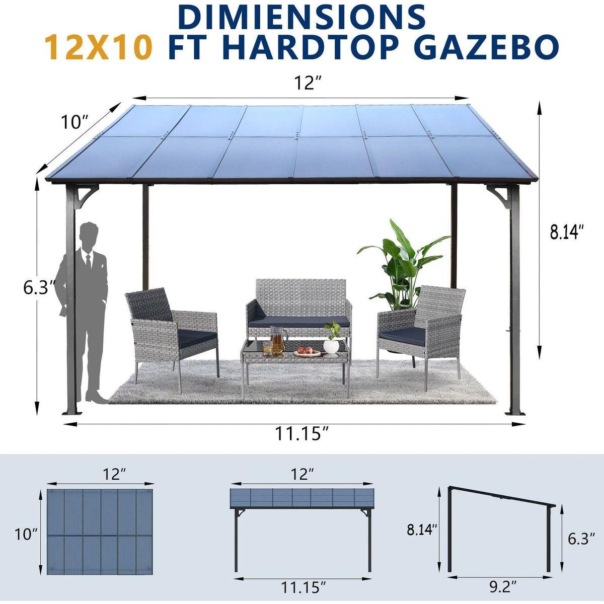 10' x 12' Outdoor Pergola Gazebo,Wall-Mounted Lean to Metal Awning Gazebo with Roof,Large Heavy Duty for Patio,Decks,Backyard