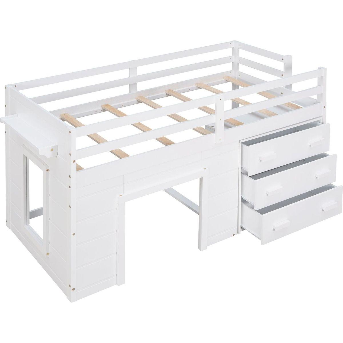 Twin Size Loft Bed with Cabinet and Shelf - White