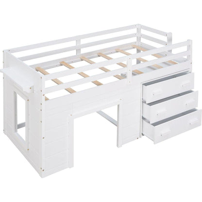 Twin Size Loft Bed with Cabinet and Shelf - White
