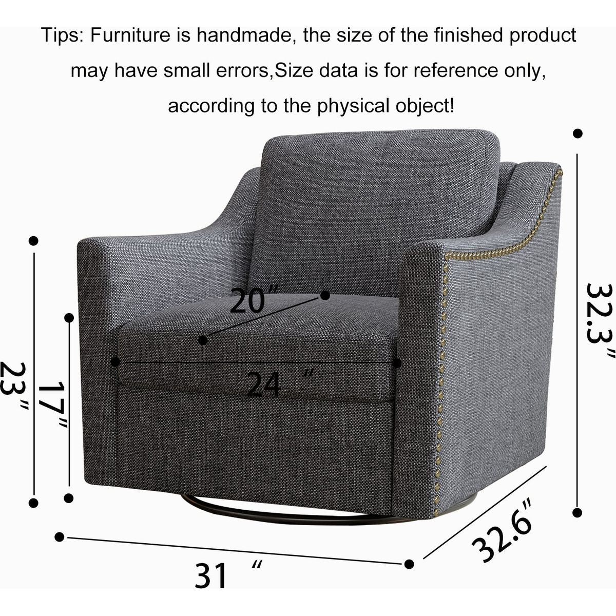360 Degree Swivel Armchair Cotton linen skin-friendly fabric Ergonomic design Brass nail decorative armchair Living room chairs Bedroom chairs Living room chairs Black legs Suitable for indoor homes - Streamdale Furniture