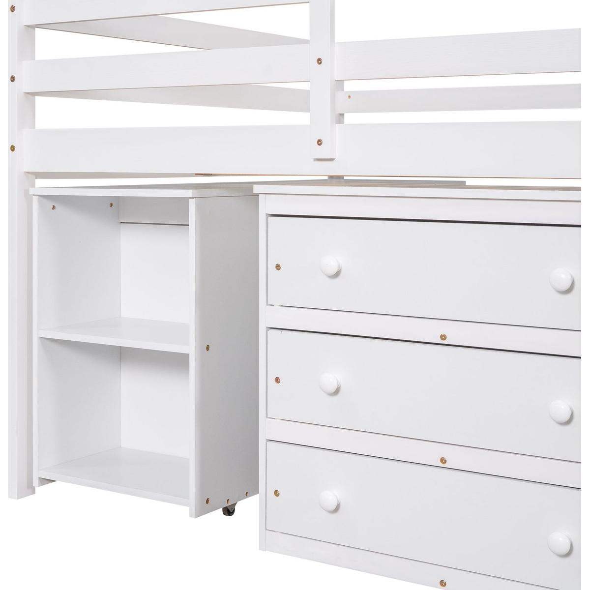 Low Study Full Loft Bed with Cabinet, Shelves and Rolling Portable Desk, Multiple Functions Bed- White