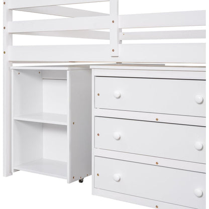 Low Study Full Loft Bed with Cabinet, Shelves and Rolling Portable Desk, Multiple Functions Bed- White