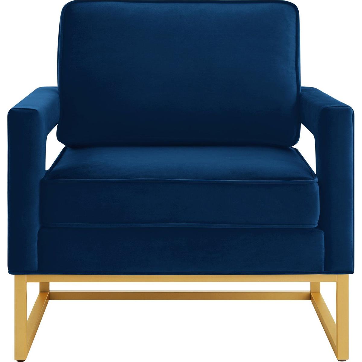 Modern Style Accent Chair with Gold Metal Base, Velvet Upholstered Leisure Chair with Open Armrest, Armchair, Navy