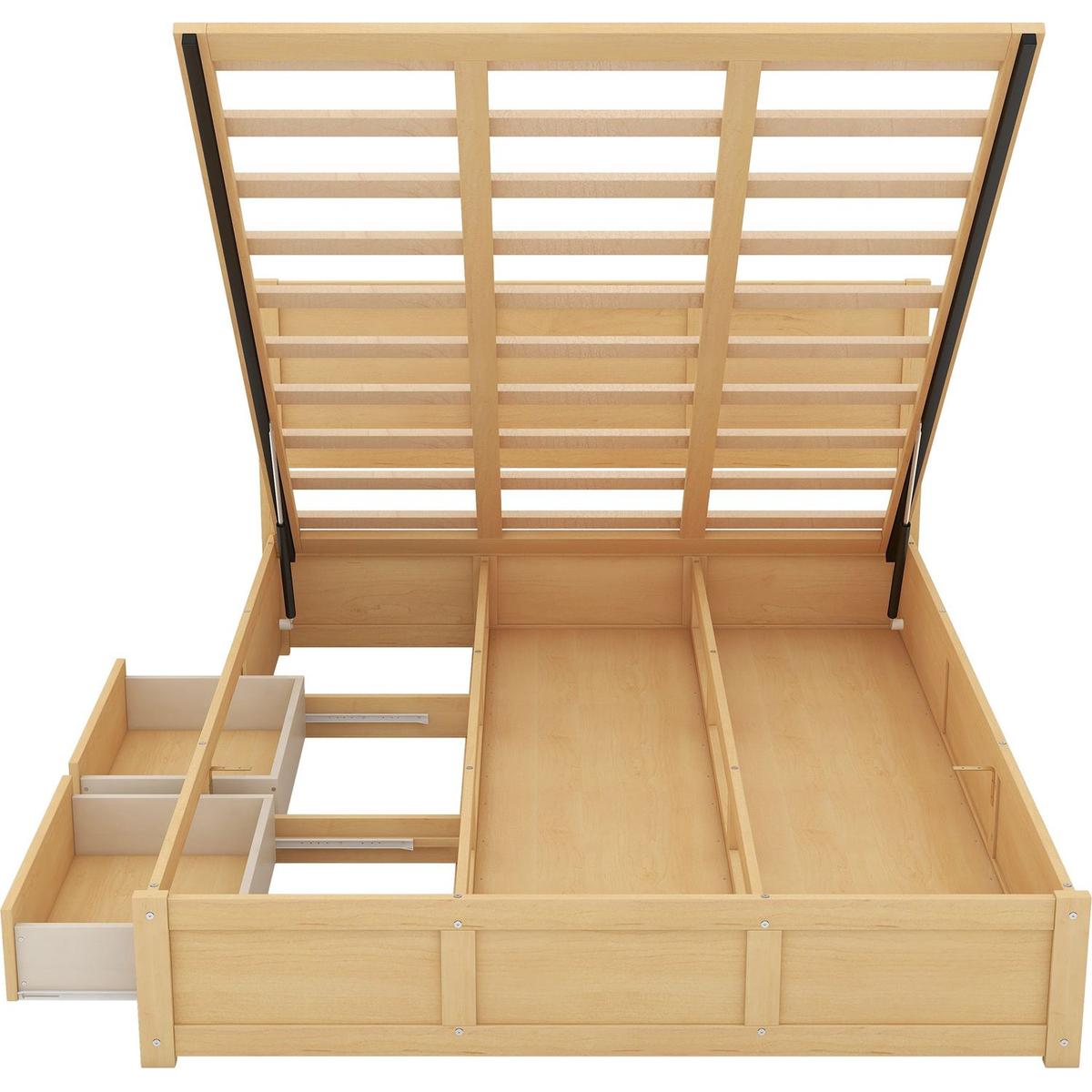 Queen Size Wood Platform Bed with Underneath Storage and 2 Drawers, Wood Color