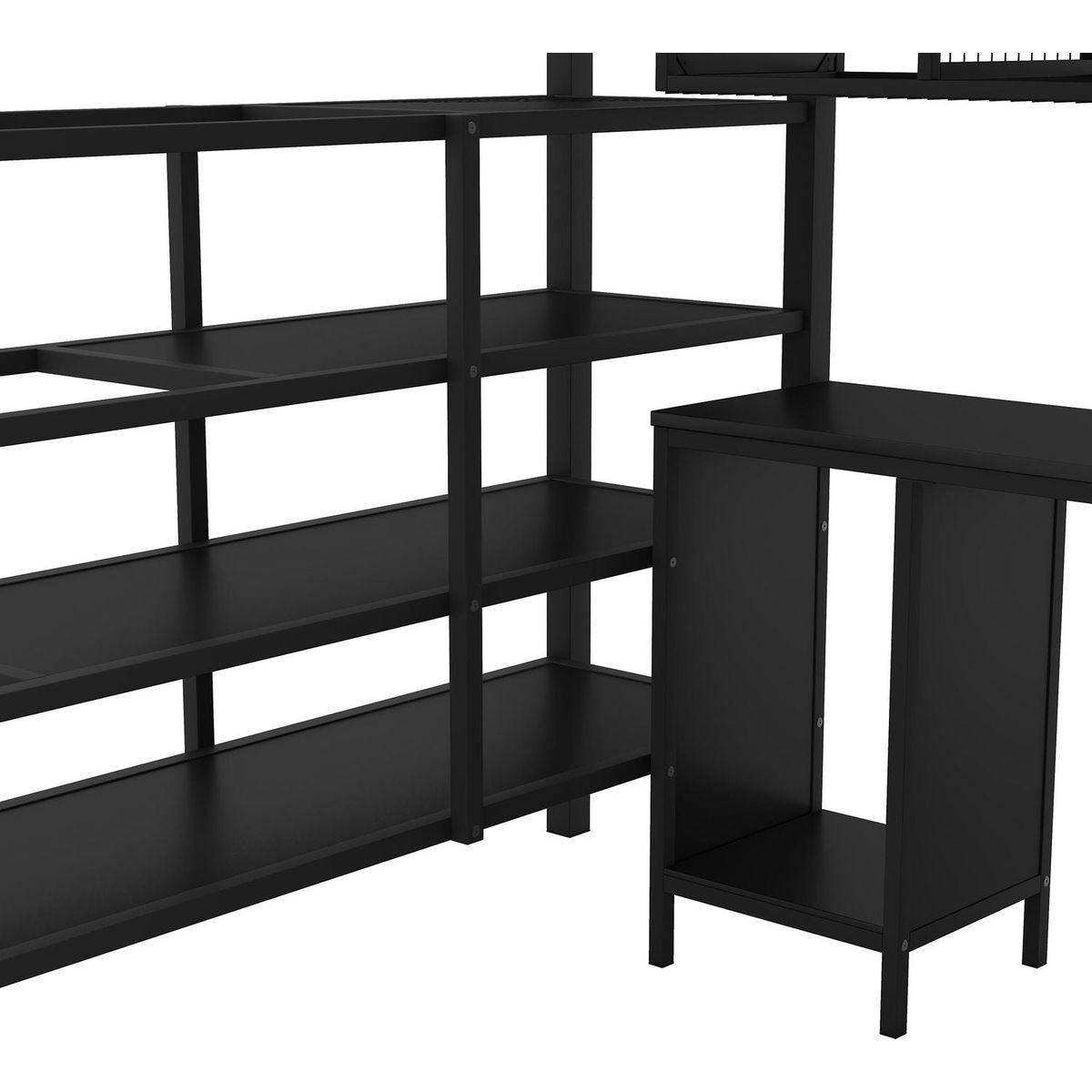 Metal Loft Bed With table set and wardrobe, Full, Black