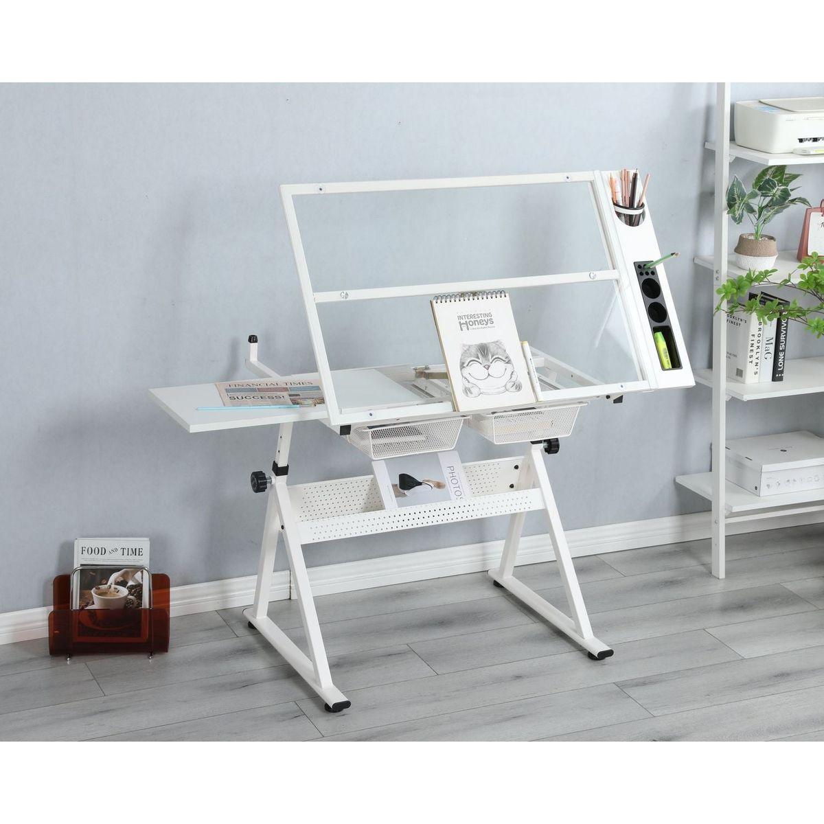 WHITE adjustable tempered glass drafting printing table with chair