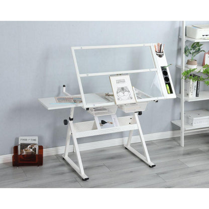 WHITE adjustable tempered glass drafting printing table with chair
