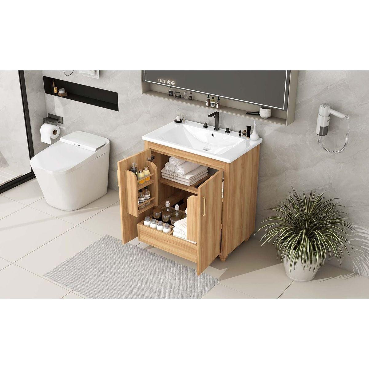 30" Bathroom Vanity with Sink Combo, Multi-functional Bathroom Cabinet with Doors and Drawer, MDF Board, Natural