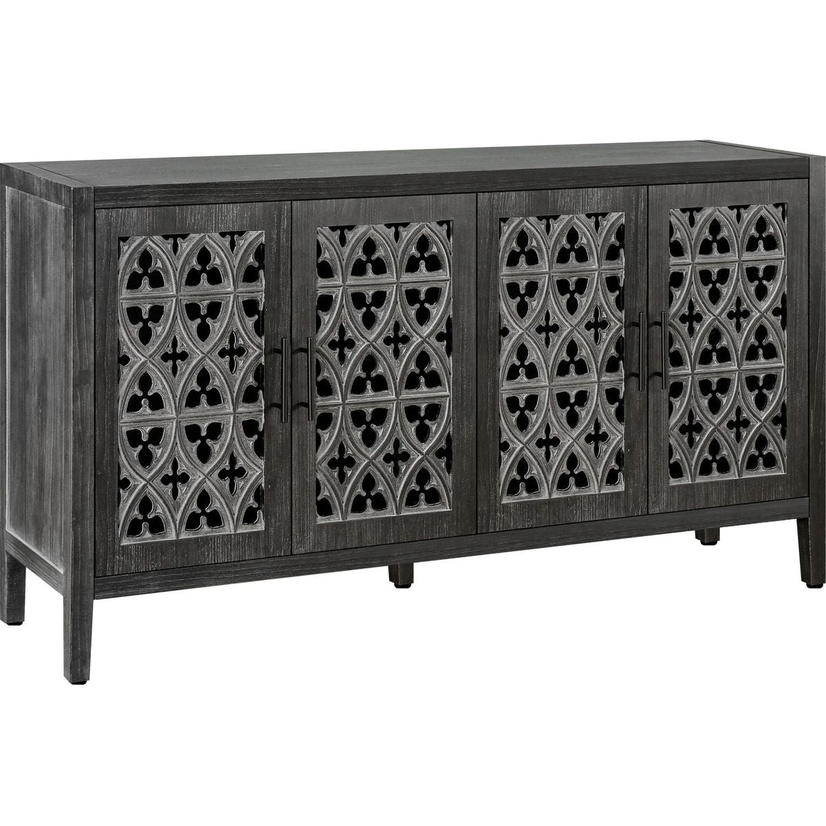 Hollow Four Door Antique Cabinet, American Country Style, Suitable for Living Room, TV Cabinet, Kitchen (Antique Black)