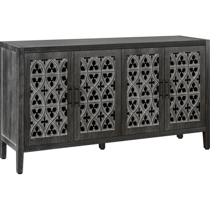 Hollow Four Door Antique Cabinet, American Country Style, Suitable for Living Room, TV Cabinet, Kitchen (Antique Black)