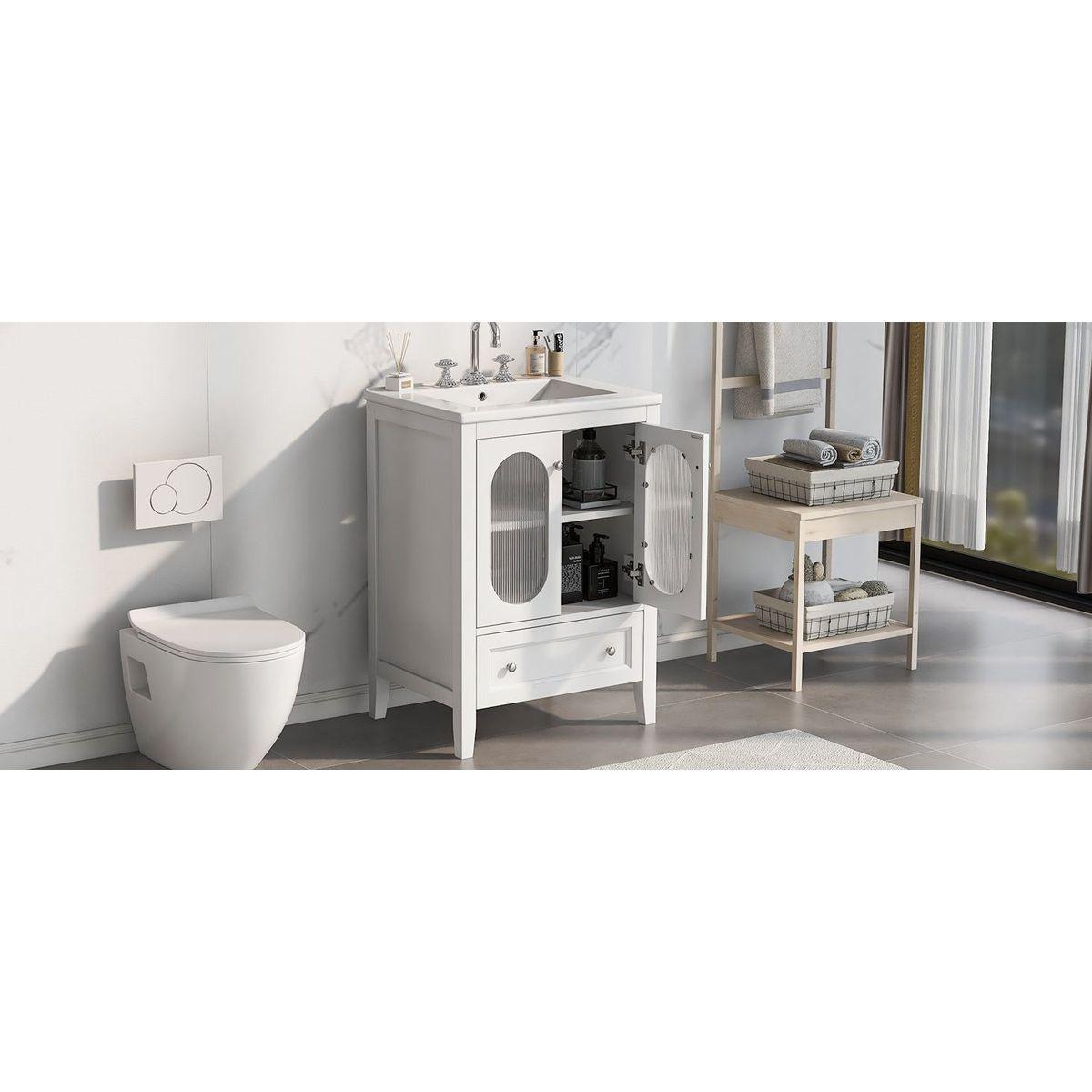 24" Bathroom Vanity with Sink, Bathroom Vanity Cabinet with One Drawer and Doors, Adjustable Shelf, Solid Wood and MDF, White