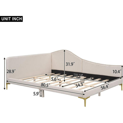 Full Size Upholstered Daybed with Headboard and Armrest, Support Legs, Beige
