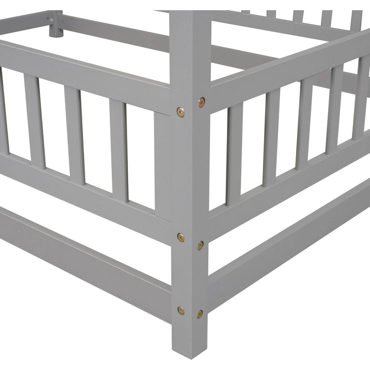 Full Size Floor Wooden Bed with House Roof Frame, Fence Guardrails, Grey