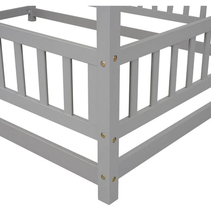 Full Size Floor Wooden Bed with House Roof Frame, Fence Guardrails, Grey