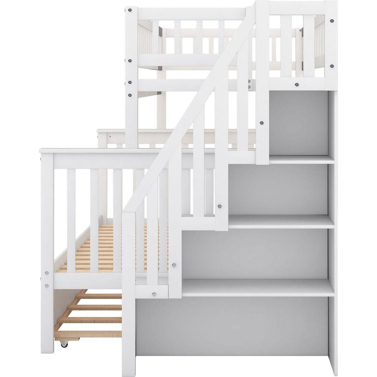 Twin over Full Bunk Bed with Trundle and Staircase,White