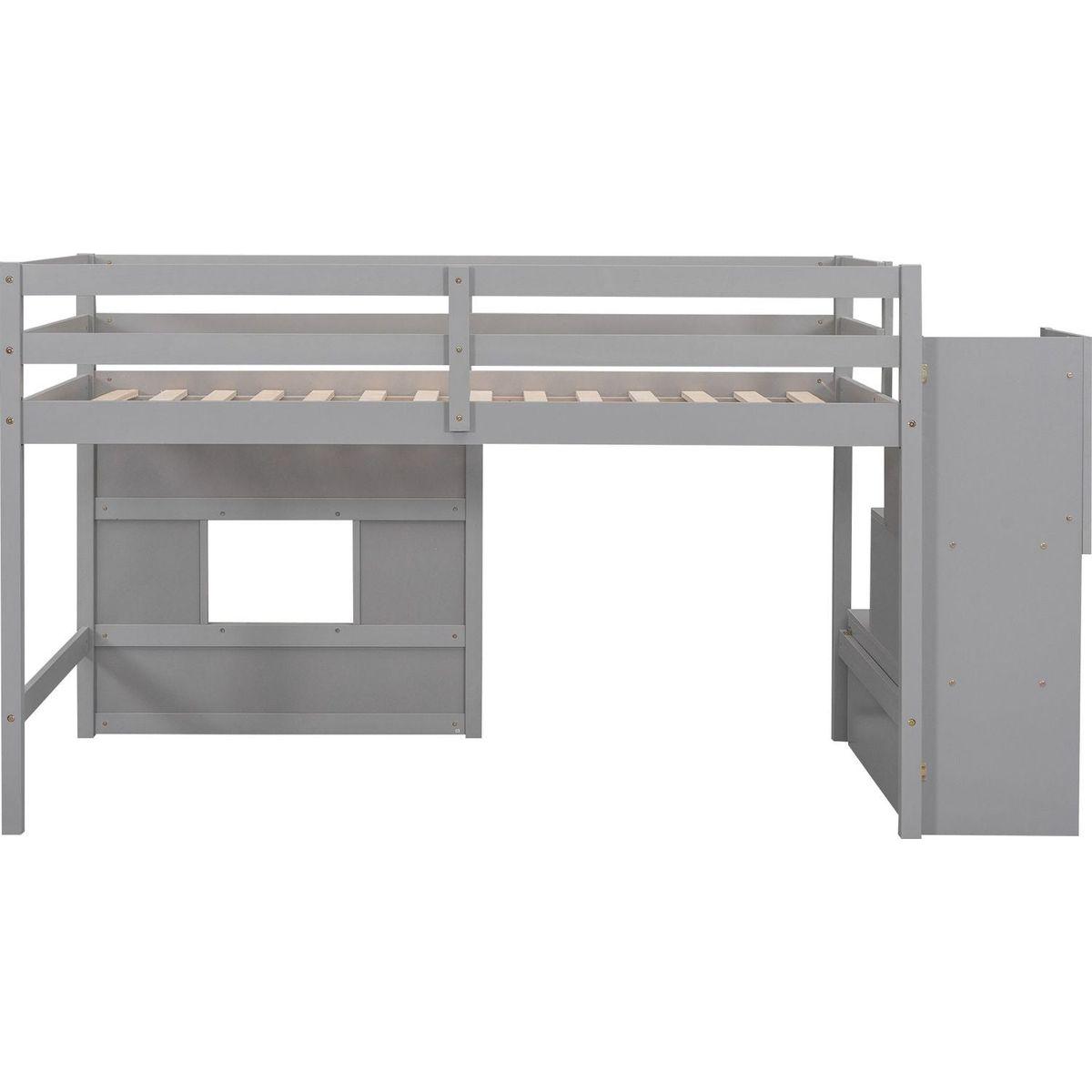 Twin Size Loft Bed with Storage Staircase and Window, Gray