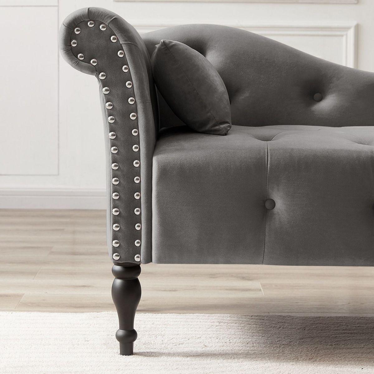 60.6" Velvet Chaise Lounge Buttons Tufted Nailhead Trimmed Solid Wood Legs with 1 Pillow,Grey (Left Arm Design as Shown in the Picture) - Streamdale Furniture