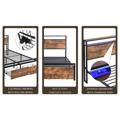 Queen Size Bed Frame with Storage Headboard and 2 Drawers, LED Lights Bed with Charging Station, Metal Platform Bed No Noise, Mattress Foundation Strong Metal Slats Support No Box Spring Needed