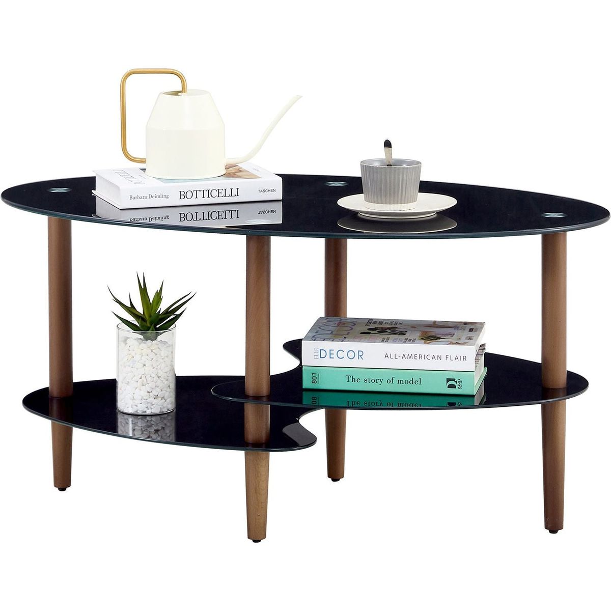 Black Oval glass coffee table, modern table in living room Oak wood leg tea table 3-layer tempered glass table
