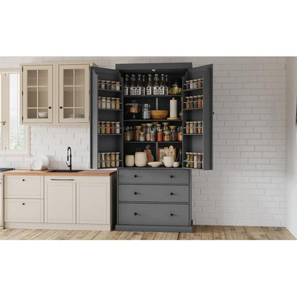 [Assembly Video Provided]77inch Farmhouse Kitchen Pantry, Freestanding Tall Cupboard Storage Cabinet with 3 Adjustable Shelves, 8 Door Shelves, 3 Drawers for Kitchen, Dining Room, Gray