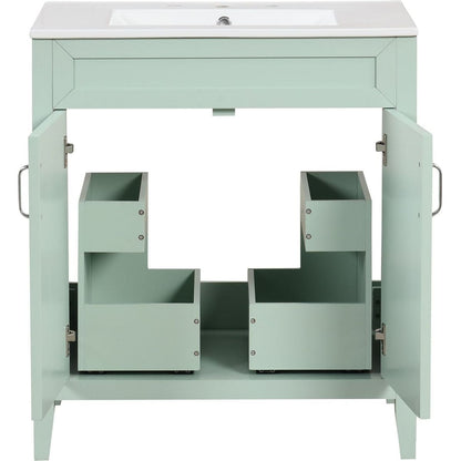 30" Bathroom Vanity with Sink, Multi-functional Bathroom Cabinet with Doors and Drawers, Solid Frame and MDF Board, Green