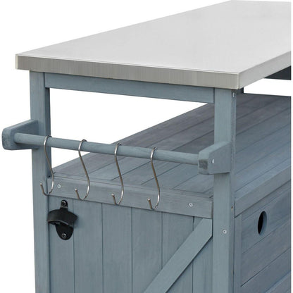 Outdoor Kitchen Island, Rolling Bar Cart & Storage Cabinet, Farmhouse Solid Wood Outdoor Grill Table with Stainless Steel Top, Spice Rack, Towel Rack for Kitchen & BBQ, Grey Blue