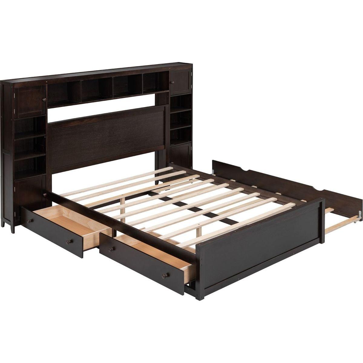 Queen Size Wooden Bed With All-in-One Cabinet, Shelf and Sockets, Espresso