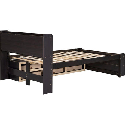 Full Bed with Bookcase Headboard, Under bed Storage Drawers and Bed End Storage Case,Espresso
