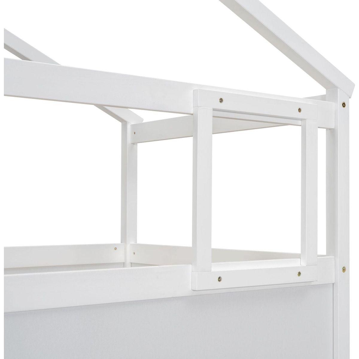 Twin over Full House Bunk Bed with Storage Staircase and Blackboard,White